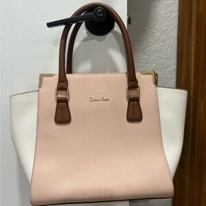 Large Calvin Klein Leather Purse Pink/White/Brown Shoulder Zip Bag